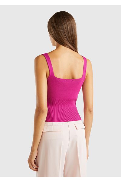 United Colors of Benetton Women's Fuchsia Viscose Blended Ribbed Detail Square Neck Strap Top
