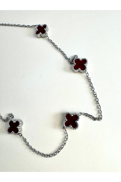 Rhea AK Bordo Çelik Yonca Model Bordo Taş Silver Kolye