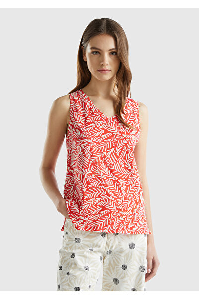 United Colors of Benetton Women's Red 100% Cotton All Patterned Split Wide V-Neck Undershirt