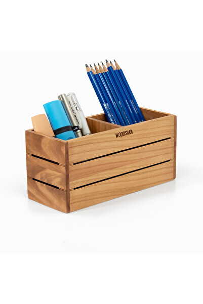 Woodsaka 3line Two Section Pen Holder - Cherry - 19.1cm x 7.6cm x 9cm