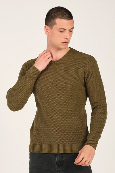 1000LAKE Ανδρικό πλεκτό πουλόβερ με λαιμόκοψη V Khaki Basic