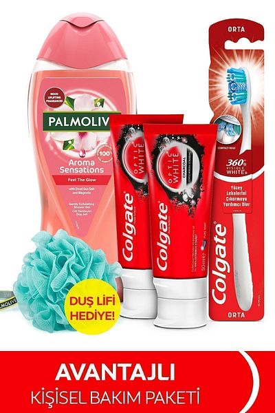 Colgate 50 ml X2 Whitening Toothpaste + Medium Toothbrush + Palmolive Shower Gel 500 ml + Shower Washcloth