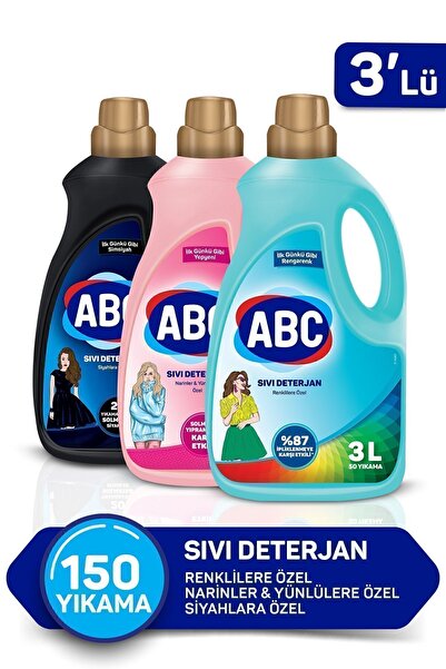 ABC Özel Sıvı Deterjan Bakım Seti 3 lt Siyahlar + Renkliler + Narinler 3'lü Set