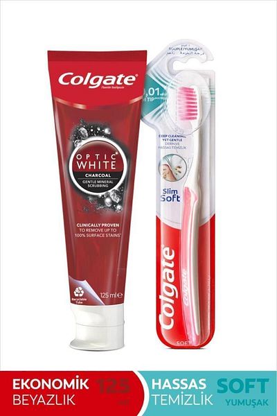 Colgate Optic White Activated Charcoal Whitening Toothpaste 125 ml + Micro Fine Soft Toothbrush