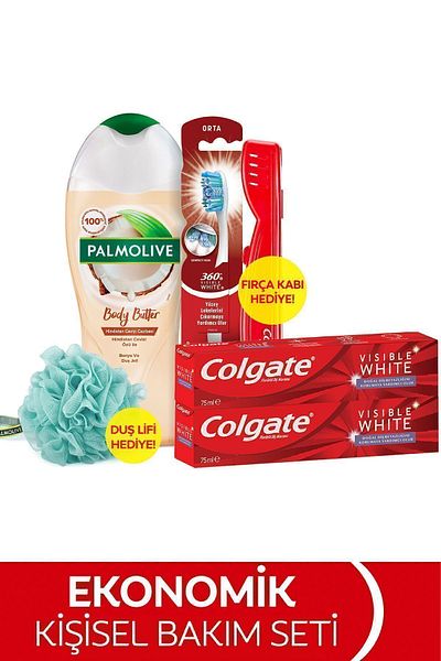 Colgate 75ml X2 Toothpaste, Medium Toothbrush, 250ml Palmolive Shower Gel + Shower Washcloth and Brush Container