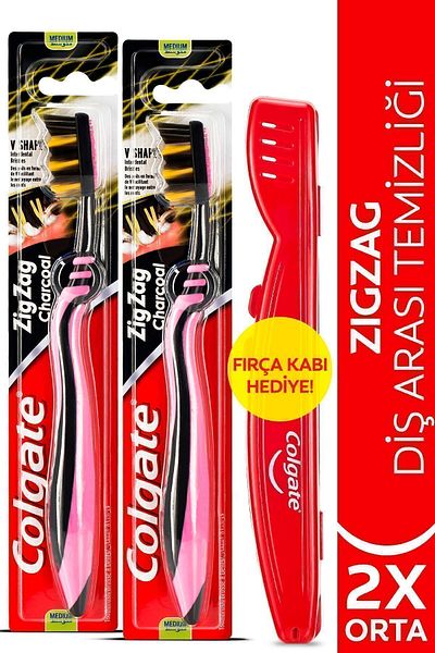 Colgate ZigZag Charcoal Tooth Cleaning Medium Toothbrush - x 2 Pieces + Gift Container