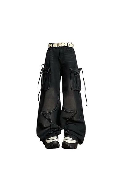 DeepWater Stars Detail Leg Baggy Drawstring Cargo Pocket Wide Leg Tech Jean