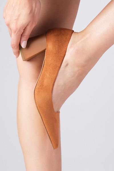 Mio Gusto Tan Colored Suede Blocked Fleur Women's Heeled Shoes