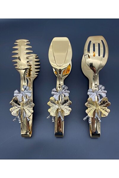 Mira züccaciye Kelebekli Gold Stylish Service Presentation Set Titanium Coated 3-Piece Tongs Set Stainless Steel