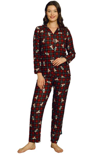 Işılay Women's Suede Shirt Collar Neck Buttoned Plaid Teddy Bear Pattern Long Sleeve Pajamas Set