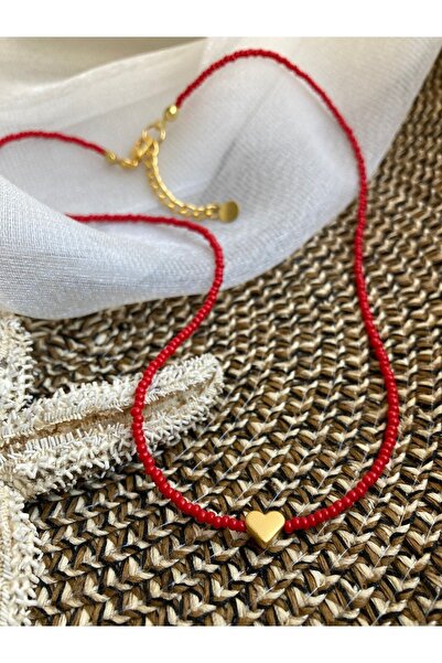 Kosovalı Kırmızı Altın Kaplama Kalp Detaylı Kum Boncuk Kolye