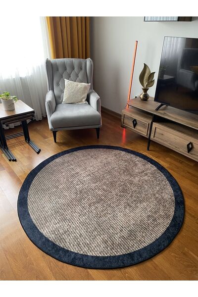 SÜNGERSAN Yuvarlak Kahve Rengi Hasır Motif Yıkanabilir Kaymaz Taban Sünger Do...