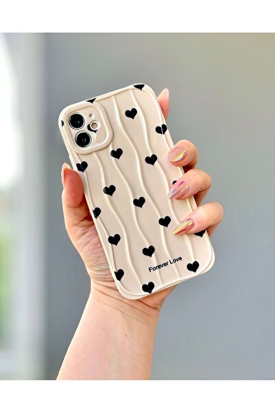 MİRAZ TASARIM حافظة آيفون 11 متوافقة مع اللون الكريمي المموج والأسود على شكل قلب