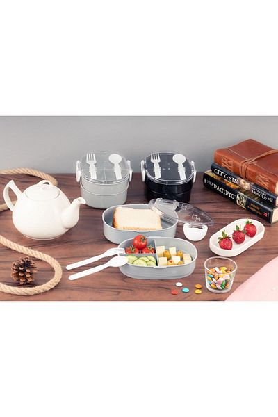 CocoVia Double Layer Oval Lunch Box - Fork and Spoon Set