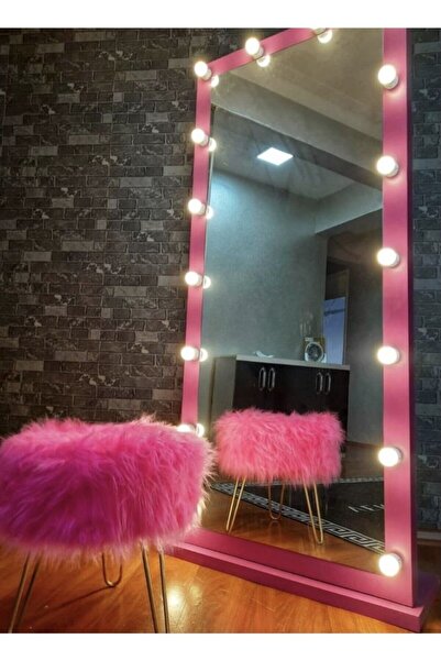 Morfoni Peluş Puf Yuvarlak Model Fuşya Renk Kumaş - Gold Ayak Mrf-0509