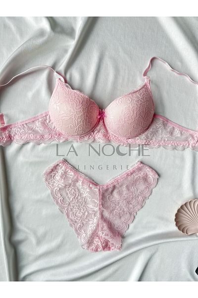 La Noche Lingerie Women's Powder Lace Underwire Supported Push Up Bra Panties Set