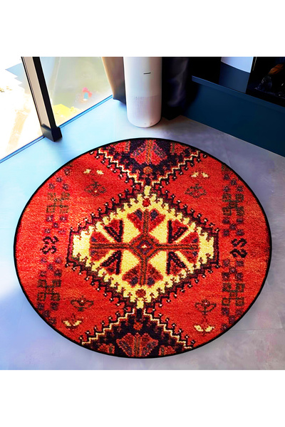 Rugs Modern Halı Red Theme Ethnic Motif Traditional Patterned Round Woven Bas...