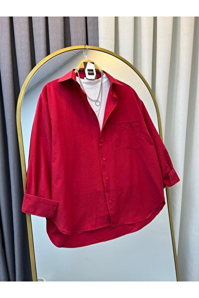 modabetce Red Oversize Balloon Sleeve Pleated Long Women's Shirt - 010