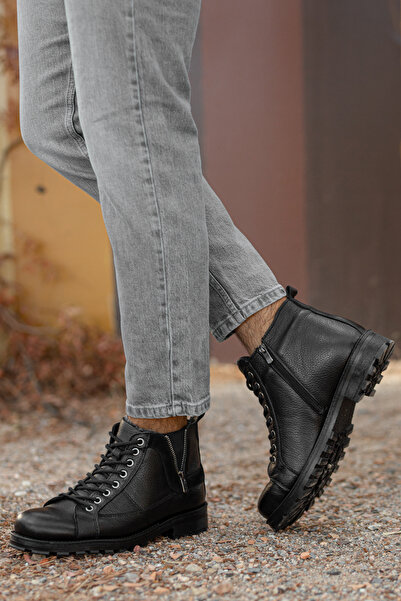 Sanvio Tarzkar Erkek Siyah Hakiki Deri Içi Kürklü Soğuk Ve Su Geçirmez Garantili Kauçuk Kaymaz Taban Günlük Bot