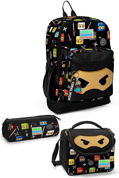 Yaygan Coral High Kids - Black Ninja Patterned 3-Piece School Bag Set 0123473