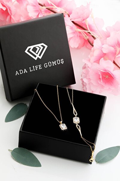 ADA LİFE GÜMÜŞ 925 Ayar Gümüş 2 Li Tek Taş Baget Set (ÖZEL KUTULU) BİLEKLİK KOLYE