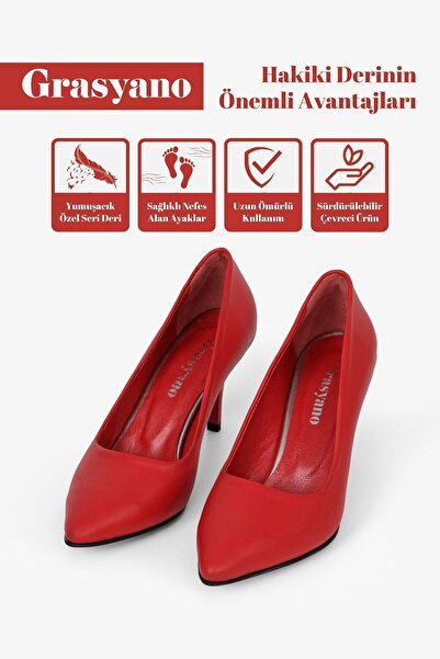 Grasyano Hakiki Deri Kırmızı Sivri Burun Premium Yumuşak Deriden Sade Noel Comfort 7,5 Cm Ince Topuk Stiletto