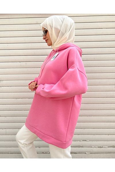 modabetce Extra Oversize Basic Pink 3 Thread Cotton Raised Women's Sweatshirt 1003