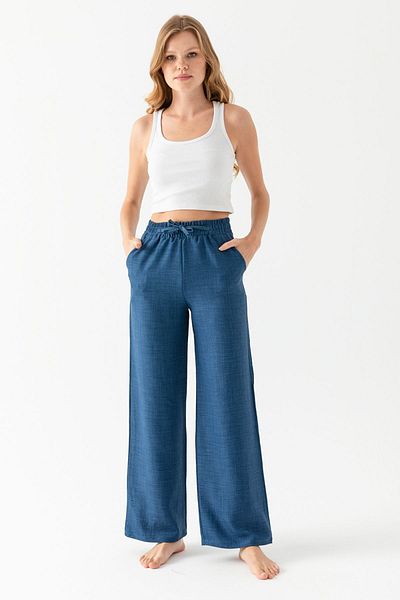 CNRCollection Navy Blue High Waist Pocket - Comfortable Linen Look Women's Trousers
