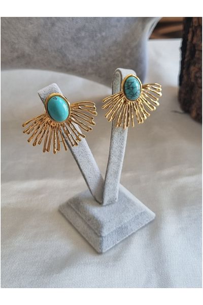 Brassito Gold Colored Turquoise Stone Steel Earrings - Pendant Lamp Model 316l Non-tarnish