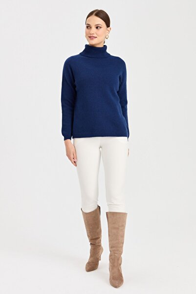 Desen Triko Women's Full Turtleneck Classic Wool Sweater Indigo