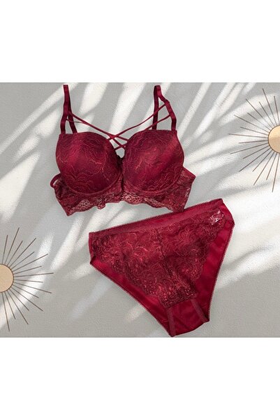 ZeeJoy Women's Lace Embroidered Burgundy Padded Underwire Supported Bra Panti...