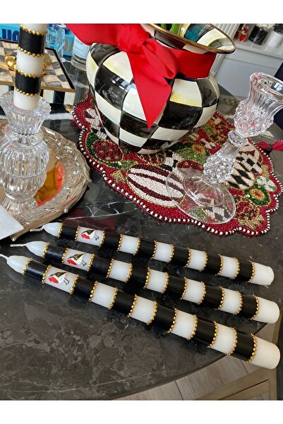 Handmade Damalı Kuş Desenli Şamdan Mum 1 Adet Siyah Beyaz Desenli