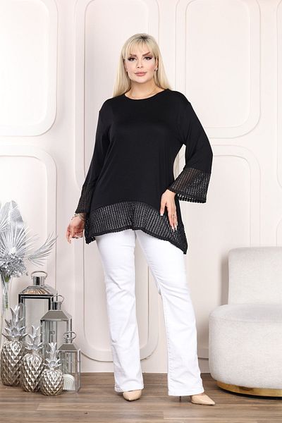 HÜLYA BUTİK BLACK ASYMMETRIC BLOUSE WITH LACE AND SLEEVES