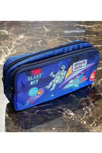 Relaxion Astronot Uzay Roket Desenli İki Bölmeli Çocuk Okul Mavi Erkek Kalemlik Kalem Kutusu 21 x 11 x 6 cm