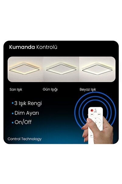 CATLUZ Antrasit Kumandalı Dimli 3 Işık Rengi Kare 50x50cm Led Tavan Lambası, Avize, Modern Aydınlatma