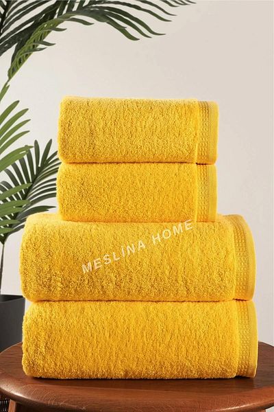 Meslina Home 4 részes fürdőszett - 100% pamut fürdőlepedő készlet, sárga