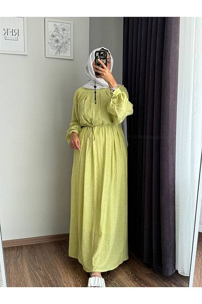 RFK Butik Γυναικείο φόρεμα με ζώνη με μπαλόνι με μανίκια λινό φιστίκι πράσινο σχέδιο