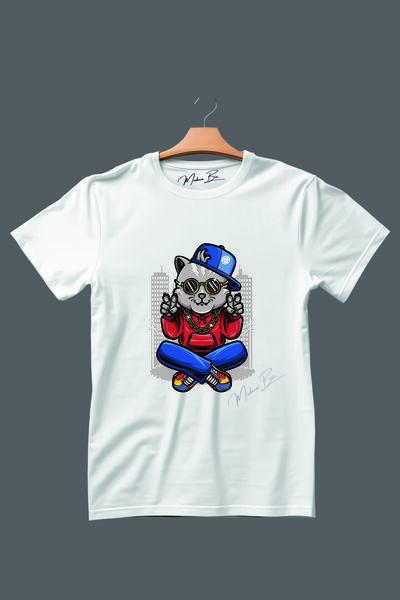 Özgür Cool Kedi Baskılı Unisex Tişört