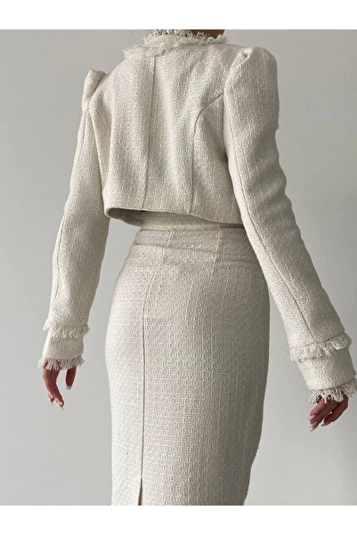 Julishop Premium Ecru White Gold Crop Jacket and Midi Slit Skirt Set