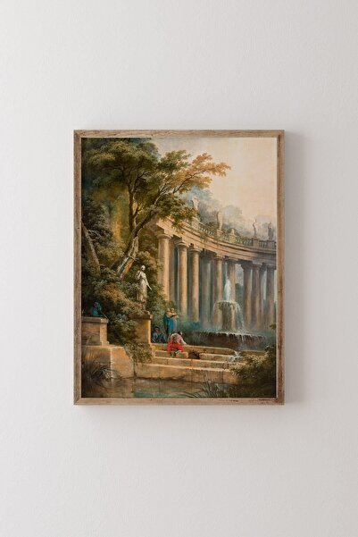 epiqart Bir Parkta Çeşme Ve Sütun - Ahşap Desenli Çerçeve