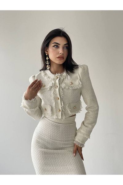 Julishop Premium Ecru White Gold Crop Jacket and Midi Slit Skirt Set
