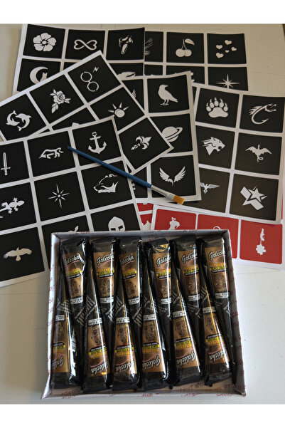 Airbrush Tattoo 12 Tüp Siyah Golecha Kına 80 minimal şablon fırça hediyeli ge...