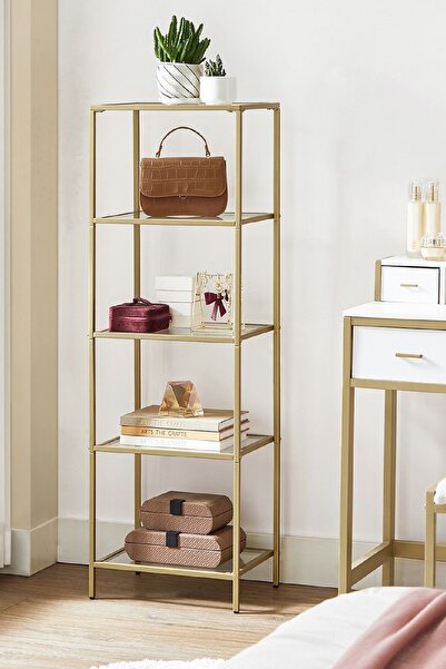 TOLIAHOME Modern 5 Katlı Gold Renk Metal İskeletli Temperli Cam Raflı Kitaplık Aksesuar Rafı