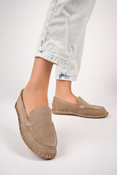 Deripabuc Genuine Leather Beige Suede Women's Leather Loafer Dp77-0601