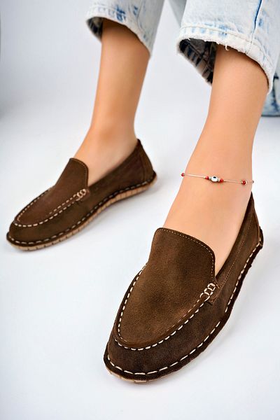 Deripabuc حذاء لوفر نسائي من جلد الغزال البني - جلد طبيعي، Dp77-0601