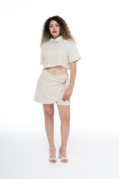 Galistore Crop gömlek yaka, kısa kollu keten bej rengi gömlek