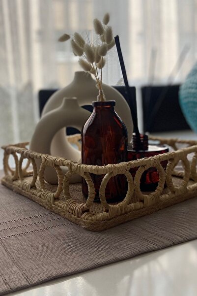 MİEN HOME El Yapımı Ahşap Hasır Halkalı Doğal Rafya Tepsi Sunumluk