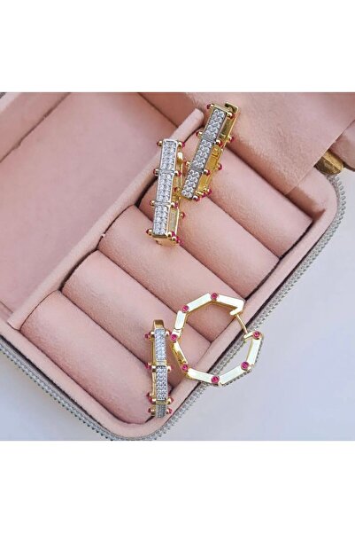 Brillo Serenay 3cm Ithal Büyük Boy Vip Seri Özel Tasarım Kenarları Fuşya Taş 2 Çift Zirkon Taş Küpe Seti