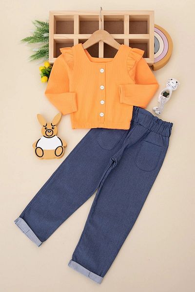 Ege Bebek Fittili Linen Blouse and Trousers Set for 2-6 Years Old Girls - Stylish Design for Seasonal Winter