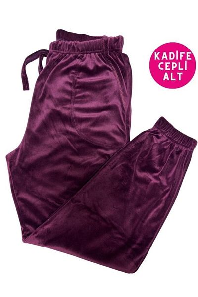 bie's Pijamale de damă din catifea moale de culoare prune - Trening Jogger cu manșetă și buzunare
